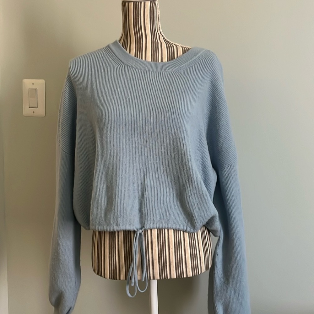 Elan Powder Blue Ribbed Drawstring Crop Sweater